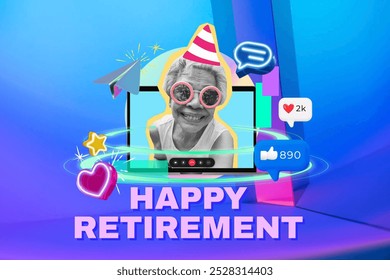 Happy retirement with an elderly woman wearing a party hat and sunglasses. The happy retirement includes, hearts, and celebratory icons. Happy retirement celebration. Mixed media colorful graphics. - Powered by Shutterstock