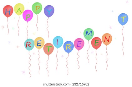 Happy Retirement Party Balloons.With Starbursts.White Background.