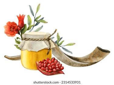 Happy Rosh Hashanah greeting banner template with honey jar, pomegranate fruit, flowers and leaves, long shofar horn watercolor illustration isolated on white for Jewish new year and yom kippur - Powered by Shutterstock