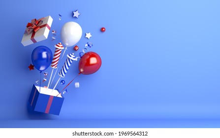 Happy Russia day decoration background with balloon firework gift box copy space text, Kings day, Bastille day, 3d rendering illustration - Powered by Shutterstock