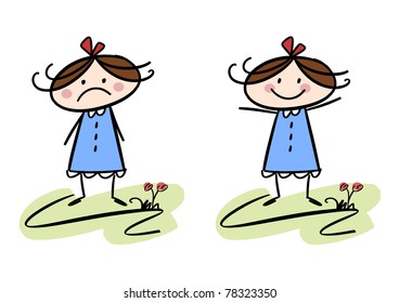 Happy   Sad    Colorful cartoon (doodle) illustration set girl being sad   girl being happy