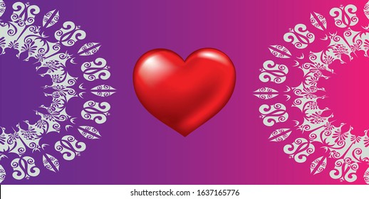 Happy Saint Valentine's Day Card, Hanging Pink And Red Hearts With Gold Streamers On White Background