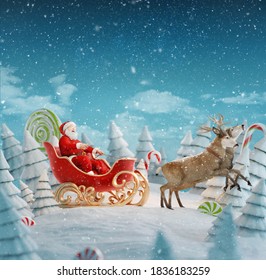 Happy Santa Claus in Christmas sleigh in a magical forest with candy canes. Unusual Christmas 3d illustration. Merry Christmas and a Happy new year concept - Powered by Shutterstock