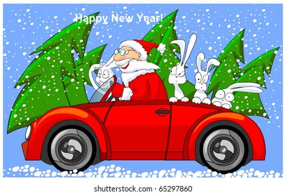 Happy Santa Claus is riding on cabriolet with funny hares. - Powered by Shutterstock