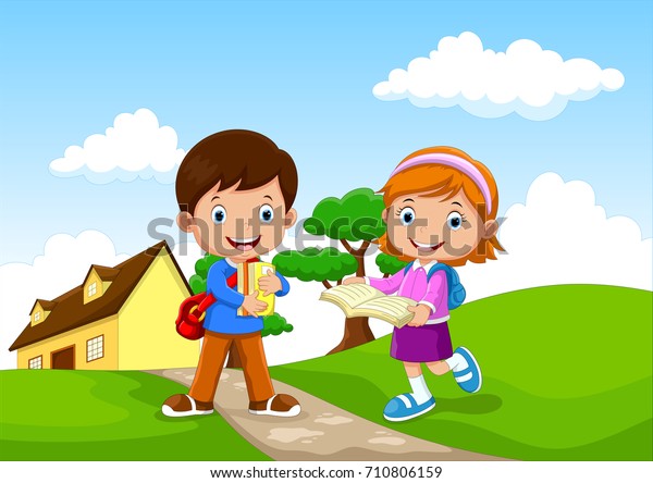 Happy School Kids Go School Stock Illustration