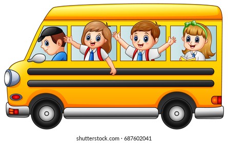 Happy school kids riding a school bus - Powered by Shutterstock