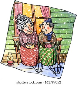 Happy Senior Couple In Warm Clothes Sitting Outside House On A Bench And Drinking A Hot Coffee. Winter Season. Watercolor And Ink Illustration.