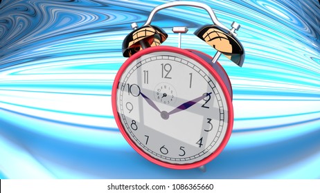 Happy, Shiny, Reflective, Red Alarm Clock On A Blue, Curved And Bent Checker Plane, Symbolizes Time Dilation And Different Time Perception That People Have Depending On The Moment, 3d Illustration