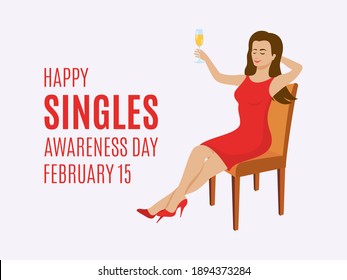 Happy Singles Awareness Day illustration. Happy woman with a glass of champagne illustration. Relaxing woman sitting on a chair icon. Champagne toast icon. Singles Awareness Day Poster, February 15 - Powered by Shutterstock