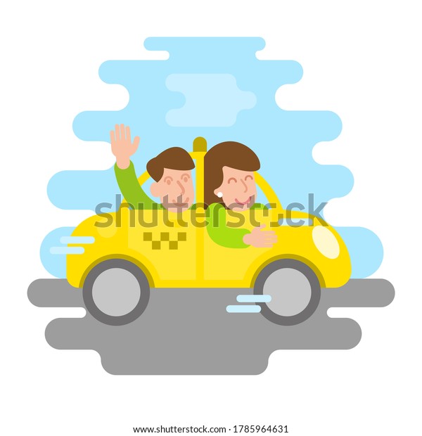 Happy smile cute woman driver worker yellow taxi\
car speed fast drive transport in road city with happy client.\
Modern style flat design illustration cartoon character. provision\
of services