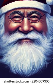 Happy Smiling Jolly  Santa Father Christmas  Portrait With Half Frame Glasses, Long White Beard And Santa Hat 