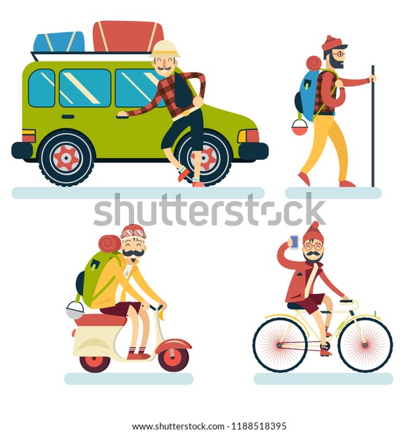 Happy\
Smiling Man Geek Hipster Character Car Traveler Backpack Schooter\
Bike Icon Travel Lifestyle Vacation Tourism and Journey Symbol\
Background Flat Design Template \
Illustration