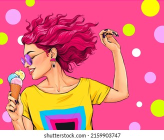 Happy smiling woman with curly wavy hair eats delicious ice cream with appetite, chills during summer day. Advertising poster or party invitation with sexy  girl  in comic style.