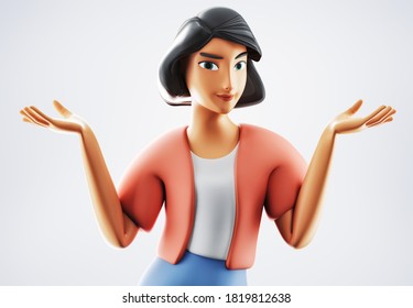 Happy smiling woman gesturing choosing with hands and showing balance. Mockup 3d illustration