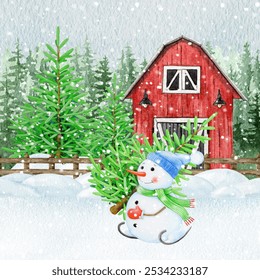 Happy snowman holding fir tree on snowy ground in countryside landscape with conifer forest. Vintage style illustration. Painted funny snowman holding pine tree in winter landscape covered with snow - Powered by Shutterstock