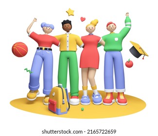 Happy students - colorful 3D style illustration with cartoon characters. Cheerful boys and girls, a team of friends is ready to learn and posing for a photo. Education and youth concept - Powered by Shutterstock