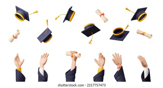 Happy students throw up graduation caps and certificate scrolls in air. People hands, flying black academic hats and rolled diplomas on white background, 3d render illustration. 3D Illustration - Powered by Shutterstock