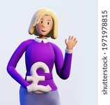 Happy, successful business woman holds Pound Sterling sign. 3D render illustration. Business, banking, consulting, business start up concept.