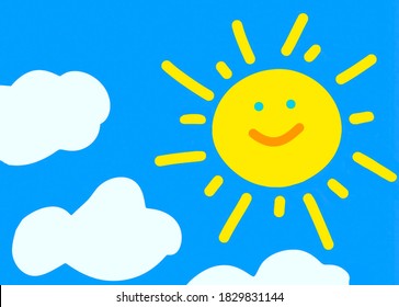 Happy Sun Against Cloudy Sky Background. Smiling Sun Against Blue Sky. Childen Illustrations. Happy Sun Caracter For Childern Books. Sunny Day Illustration. 