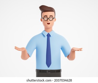 Happy Surprised Cartoon Businessman Character In Glasses And Blue Shirt Isolated Over White Background. 3d Render Illustration