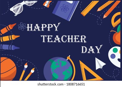 Happy Teacher Day, This Image Contains Blue Background, With Border Of Color,paint,ball,scale. And In Center Write Happy Teacher Day.