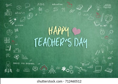 Happy teacher's day calligraphy greeting card on green school chalkboard with creative student's doodle of learning education graphic freehand illustration icon for teacher appreciation concept - Powered by Shutterstock