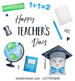 Happy Teacher's Day holiday greeting card design with cheerful little kitten character in graduation hat and different traditional classroom elements like earth globe, abc, ruler, lined note book. - Powered by Shutterstock