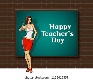 Happy Teacher's Day. Kind woman teacher stands blackboard. Teacher greeting card World teacher's day concept school student girl learning education graphic freehand illustration icon black chalkboard - Powered by Shutterstock