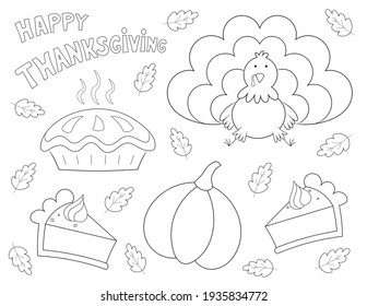 happy Thanksgiving, coloring sheet for kids with a fun turkey, pumpkin pie and more shapes to color. you can print it on standard 8.5x11 inch paper, landscape orientation