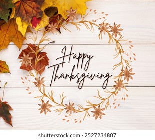 Happy Thanksgiving in a Decorated Circle of Leaves on White Wood Plank Background, Leaves in Top Corner - Powered by Shutterstock