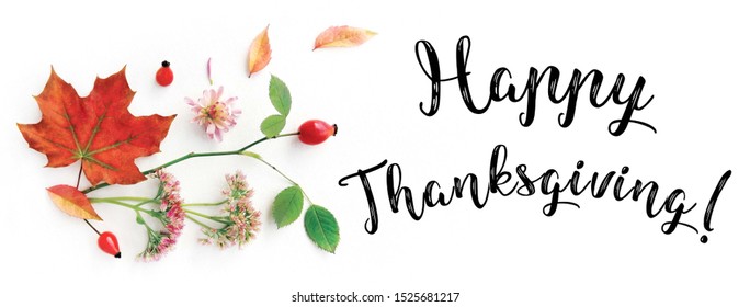 Happy Thanksgiving facebook cover for web page, site banner template. Collage of handwritten font, autumn branch of wild rose, berries and leaves, flowers on white background. Flat lay, top view. - Powered by Shutterstock