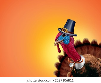 Happy Thanksgiving Pilgrim Turkey as a funny Thanks-giving banner as a Fall or Autumn sign with a gobbler wearing a hat and pilgrims clothing on an orange background with 3D illustration elements. - Powered by Shutterstock