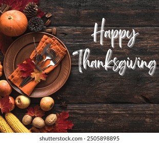 Happy Thanksgiving Post Card with Decorative Fall Table Setting, Pumpkins, Corn, and Leaves - Powered by Shutterstock