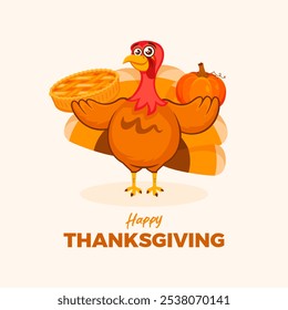 Happy Thanksgiving poster with cute turkey bird holding pumpkin pie illustration. Happy turkey bird and sweet pumpkin pie cartoon character. Template for background, banner, card. Important day - Powered by Shutterstock