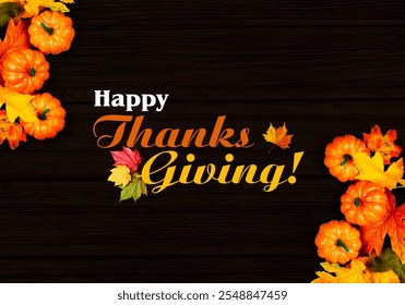 Happy Thanksgiving text Logo with pumpkins and Colorful leaves over dark wood background - Powered by Shutterstock