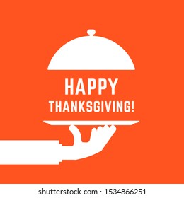 happy thanksgiving text with white serving hand. flat simple logotype graphic cartoon design isolated on orange background. concept of yummy dinner or catering serving for american season holiday - Powered by Shutterstock