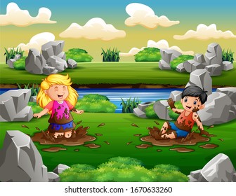 Happy Two Children Playing Mud Puddle Stock Illustration 1670633260 ...