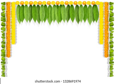 Happy Ugadi Indian Flower Garland With Mango Leaves. Isolated On White Illustration