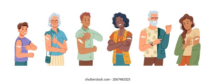 Happy vaccinated people showing ok and thumb up gesture, flat cartoon characters set. young and senior man and woman smiling after vaccination, plaster on their shoulders. COVID-19 vaccine. - Powered by Shutterstock