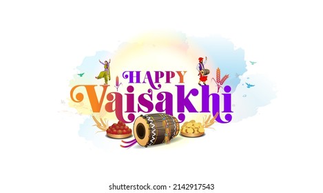 Happy Vaisakhi or Baisakhi festival creative with typography and Punjabi sikh bhangra dance.