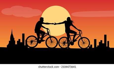 Happy valentine day, Beautiful lovers on bicycle catching their hand  of each other isolated silhouette illustration with evening sunset background