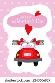 happy valentine day  greeting card  kissing lesbian hares riding car  cute cartoon style  illustration  A6