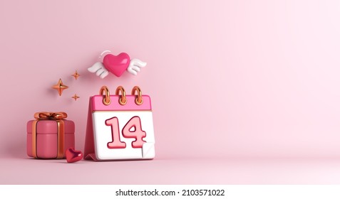 Happy Valentines day background with calendar date 14, gift box, heart shape wing, copy space text, 3D rendering illustration