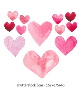 Happy Valentines Day Background. Hand Painted Watercolor Hearts Illustration. Isolated Objects Perfect For Romantic Post Cards, Prints, Stickers, Labels. Сoncept Valentine, Happy Anniversary, Wedding.