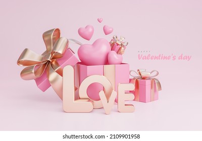 Happy valentine's day banner with 3d hearts, gift box and romantic valentine decorations on pink background.,3d model and illustration. - Powered by Shutterstock