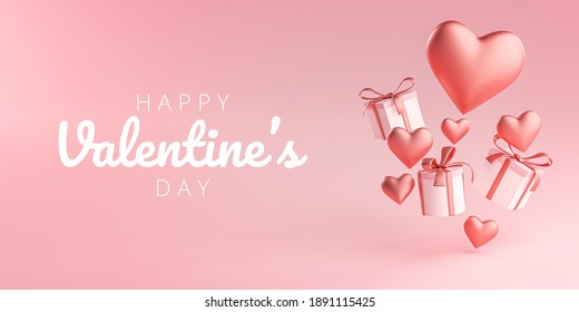 Happy Valentine's Day Banner Greeting Card Heart Shape and Gift Box Flying 3D Rendering - Powered by Shutterstock