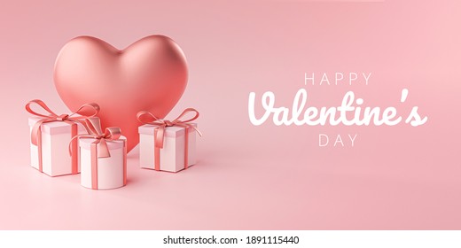 Happy Valentine's Day Banner Greeting Card Big Heart Shape and Gift Box 3D Rendering - Powered by Shutterstock