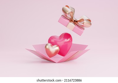 Happy valentine's day banner with open gift box, 3d hearts and romantic valentine decorations on pink background.,3d model and illustration. - Powered by Shutterstock