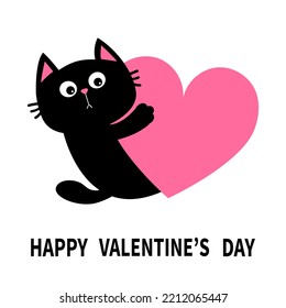 Happy Valentines Day. Cat Kitten Kitty Head Face Holding Big Pink Heart. Cute Cartoon Kawaii Funny Animal Character. Flat Design. Love Card. Sticker Print. White Background. Isolated. 