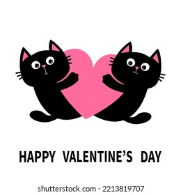 Happy Valentines Day. Cat Kitten Kitty Family Couple Holding Big Pink Heart. Cute Cartoon Kawaii Funny Animal Character. Love Card. Sticker Print. Flat Design. White Background. Isolated. 